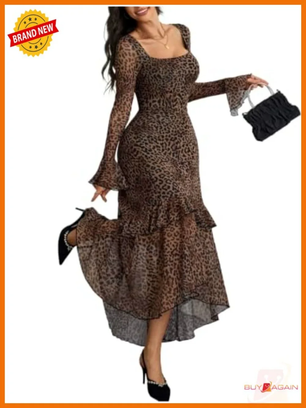Women's Floral Mesh Square Neck Bell Sleeve High Low Maxi Dress